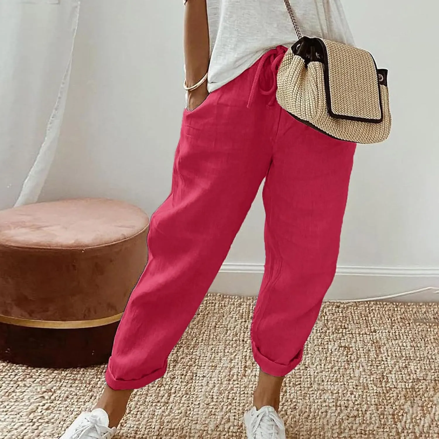 Women's Cotton Linen Pants Casual Summer High Waisted Wide Leg Cropped Baggy Lounge Pants Trousers with Pockets Beach
