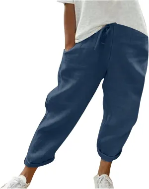 Women's Cotton Linen Pants Casual Summer High Waisted Wide Leg Cropped Baggy Lounge Pants Trousers with Pockets Beach