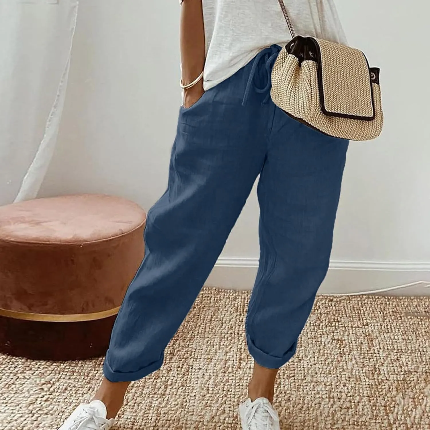 Women's Cotton Linen Pants Casual Summer High Waisted Wide Leg Cropped Baggy Lounge Pants Trousers with Pockets Beach