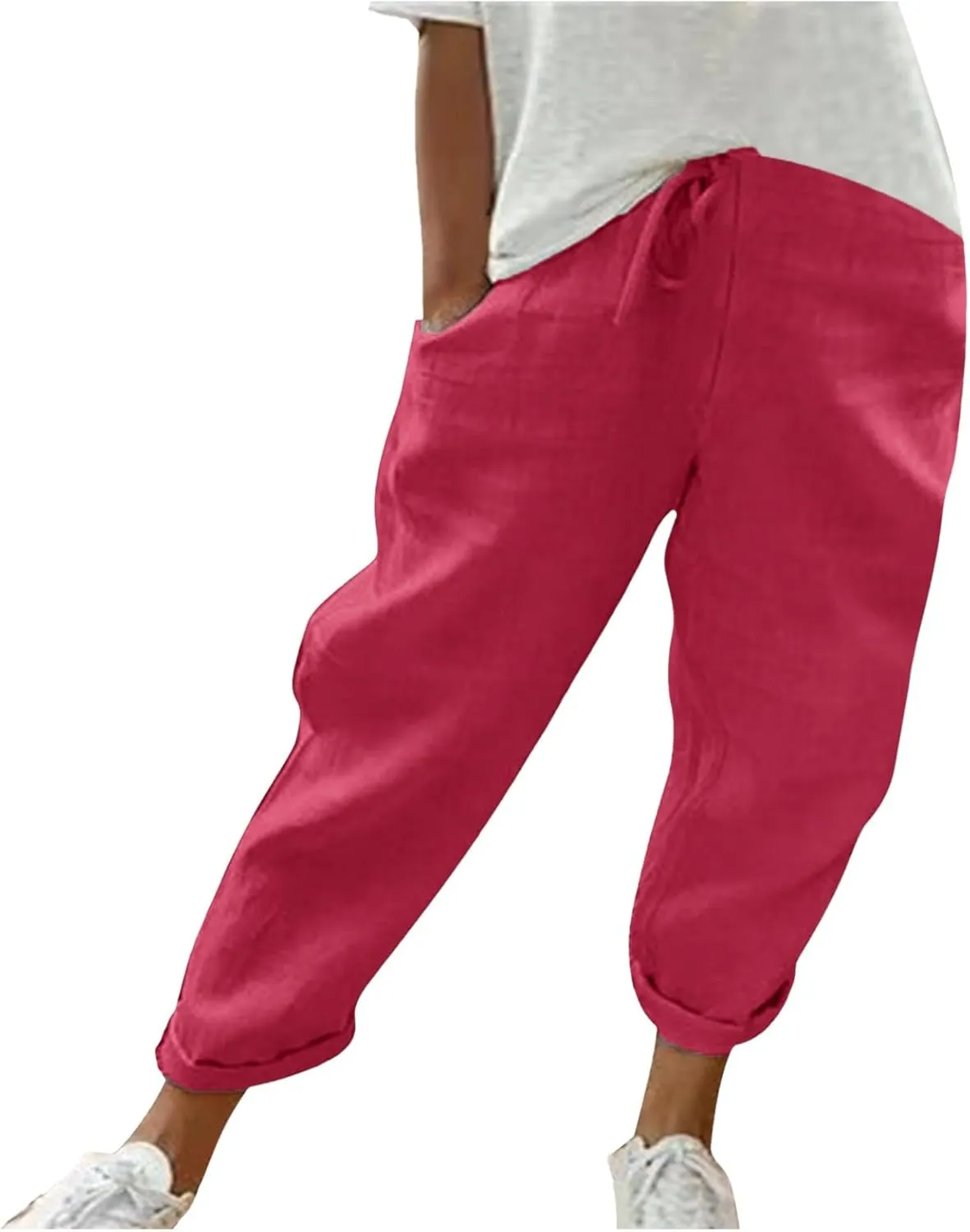Women's Cotton Linen Pants Casual Summer High Waisted Wide Leg Cropped Baggy Lounge Pants Trousers with Pockets Beach