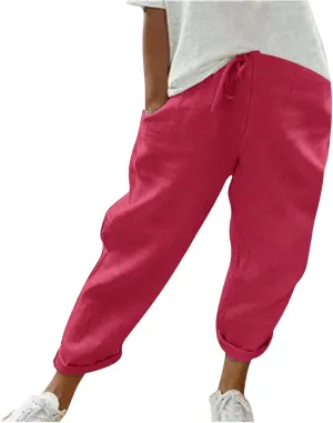 Women's Cotton Linen Pants Casual Summer High Waisted Wide Leg Cropped Baggy Lounge Pants Trousers with Pockets Beach
