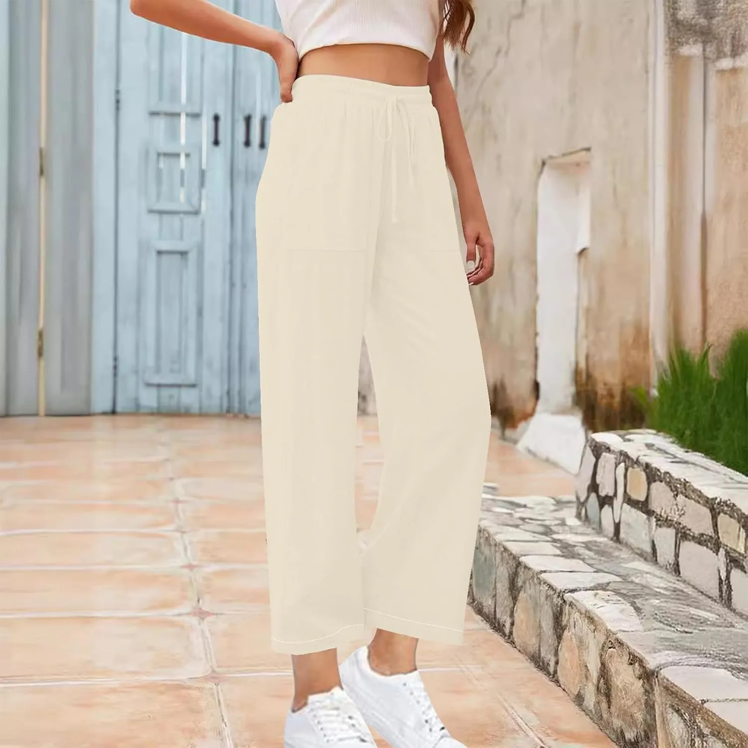 Women's Cotton Linen Straight Leg Pants Drawstring Business Casual Pant Wedding Guest Comfy Trousers Vacation Clothes