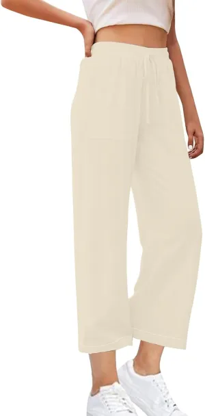 Women's Cotton Linen Straight Leg Pants Drawstring Business Casual Pant Wedding Guest Comfy Trousers Vacation Clothes