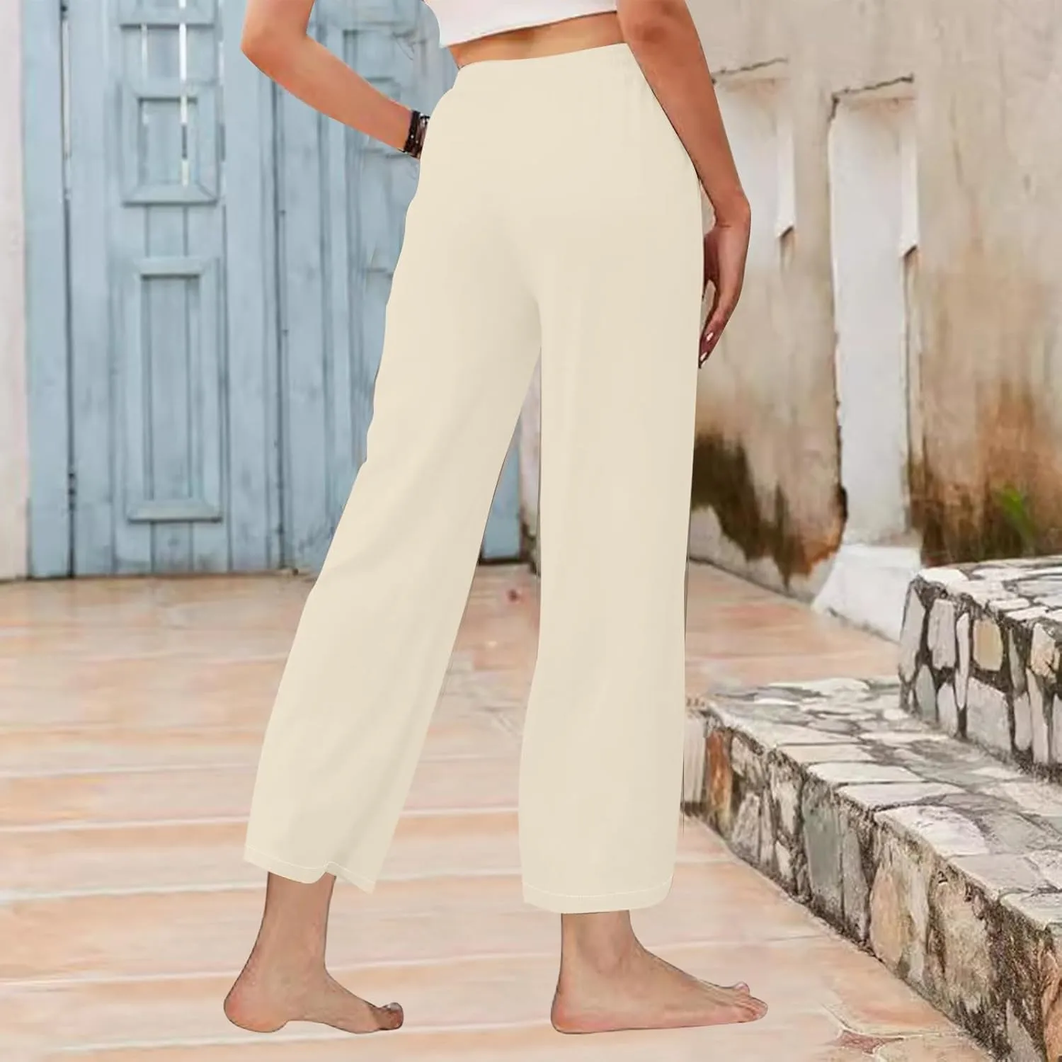 Women's Cotton Linen Straight Leg Pants Drawstring Business Casual Pant Wedding Guest Comfy Trousers Vacation Clothes