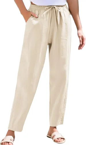 Women's Cotton Linen Straight Leg Pants Elastic Drawstring Summer Trousers with Pockets Casual Beach Lounge Pants