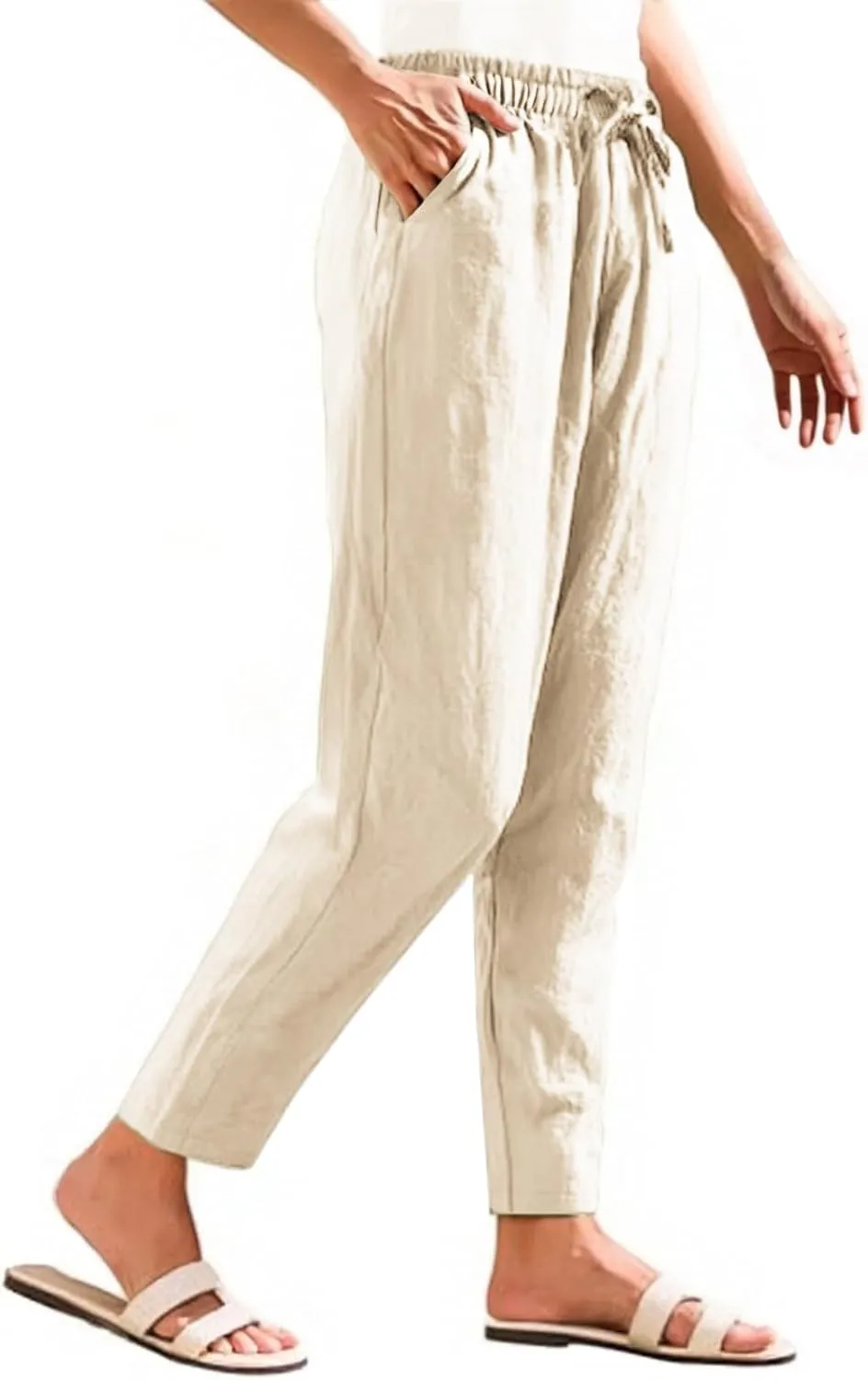 Women's Cotton Linen Straight Leg Pants Elastic Drawstring Summer Trousers with Pockets Casual Beach Lounge Pants