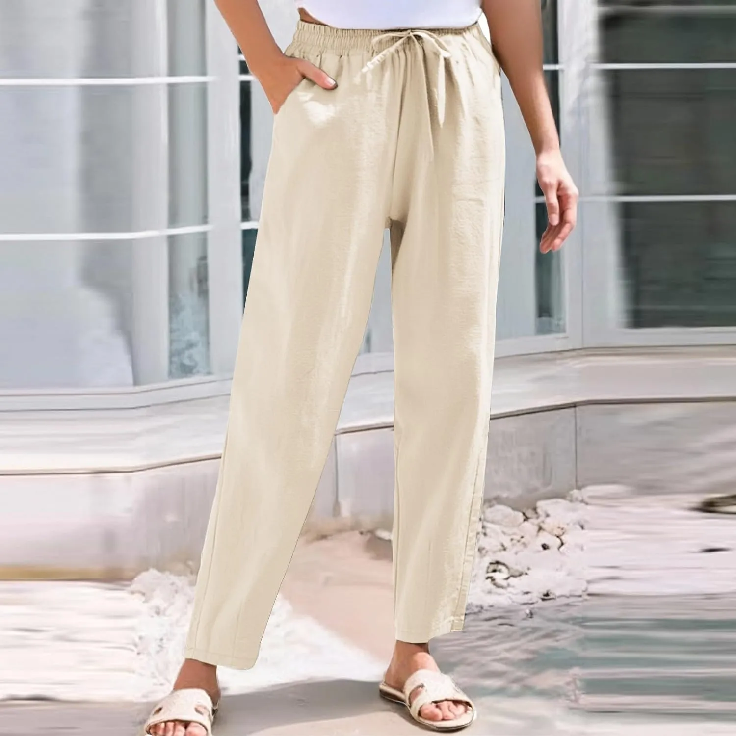 Women's Cotton Linen Straight Leg Pants Elastic Drawstring Summer Trousers with Pockets Casual Beach Lounge Pants