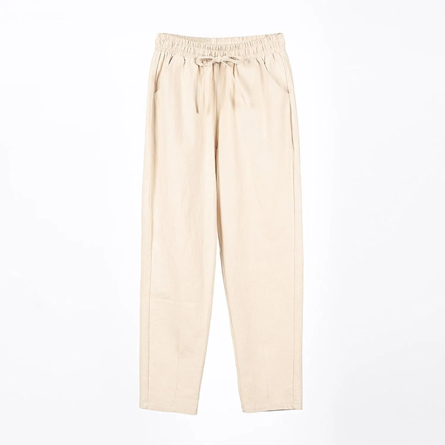 Women's Cotton Linen Straight Leg Pants Elastic Drawstring Summer Trousers with Pockets Casual Beach Lounge Pants