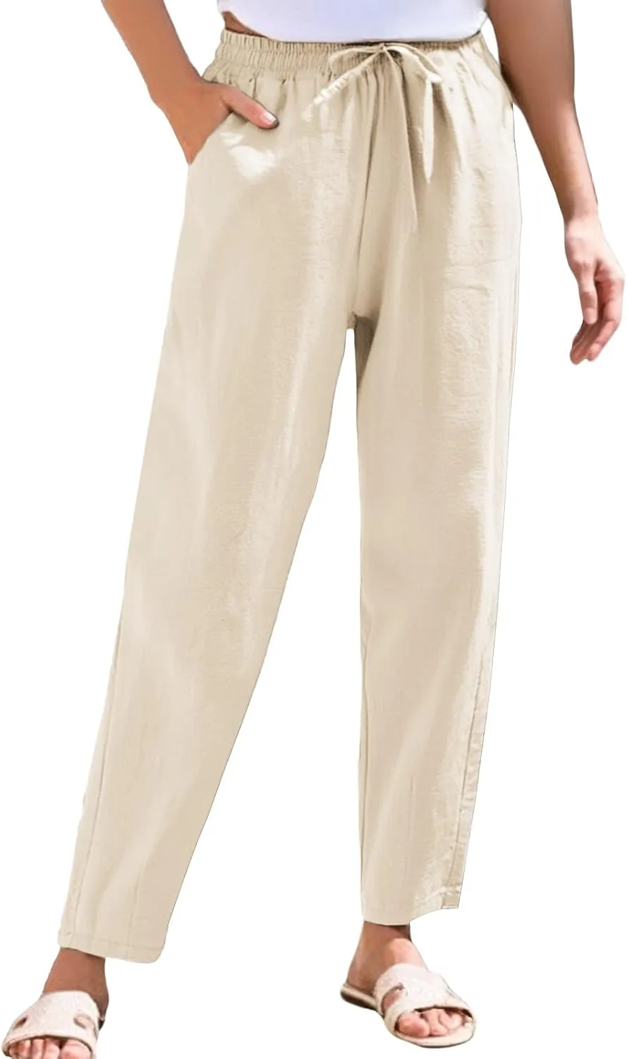 Women's Cotton Linen Straight Leg Pants Elastic Drawstring Summer Trousers with Pockets Casual Beach Lounge Pants
