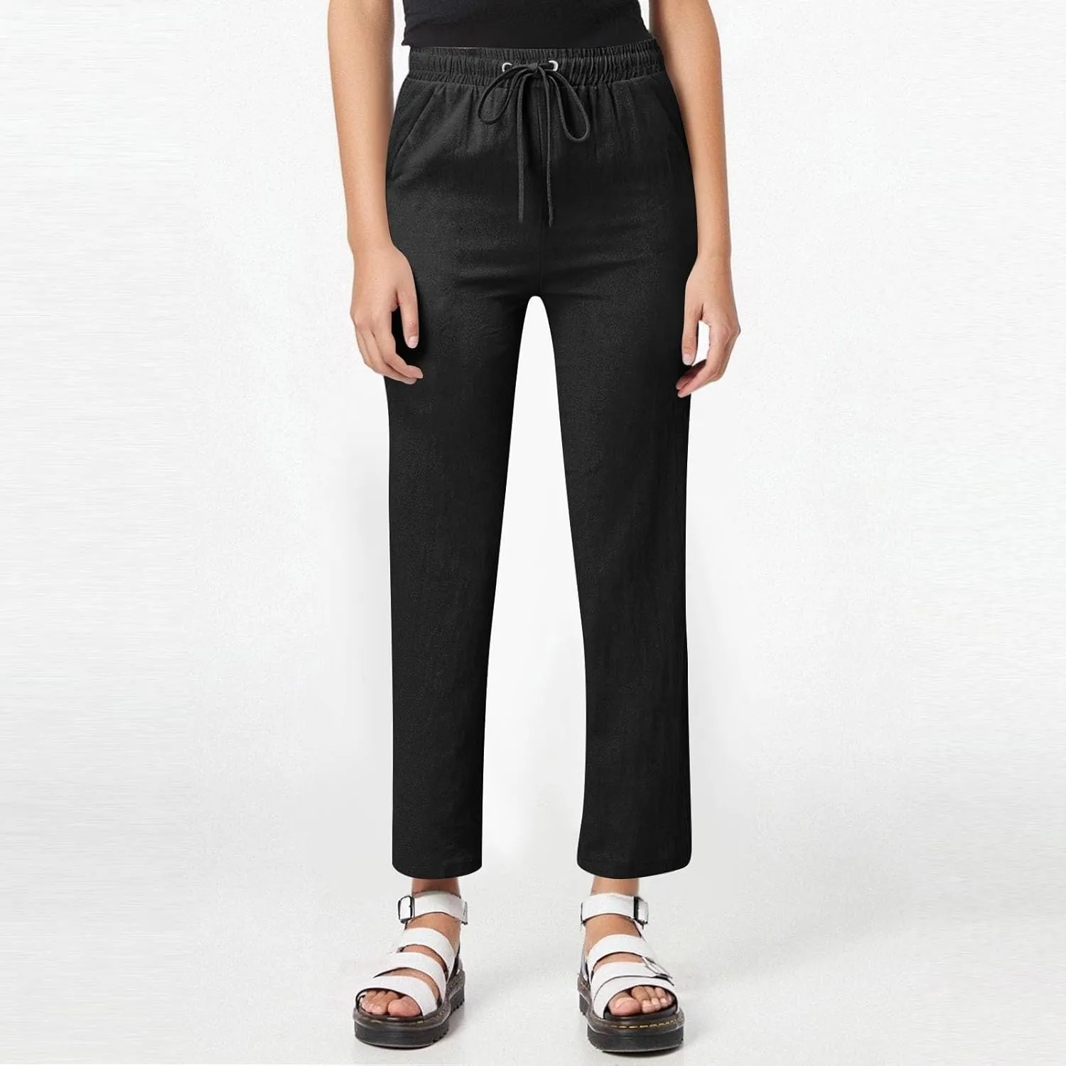 Womens Cotton Linen Straight Leg Pants Elastic High Waist Drawstring Loose Fit Lounge Trousers with Side Pockets