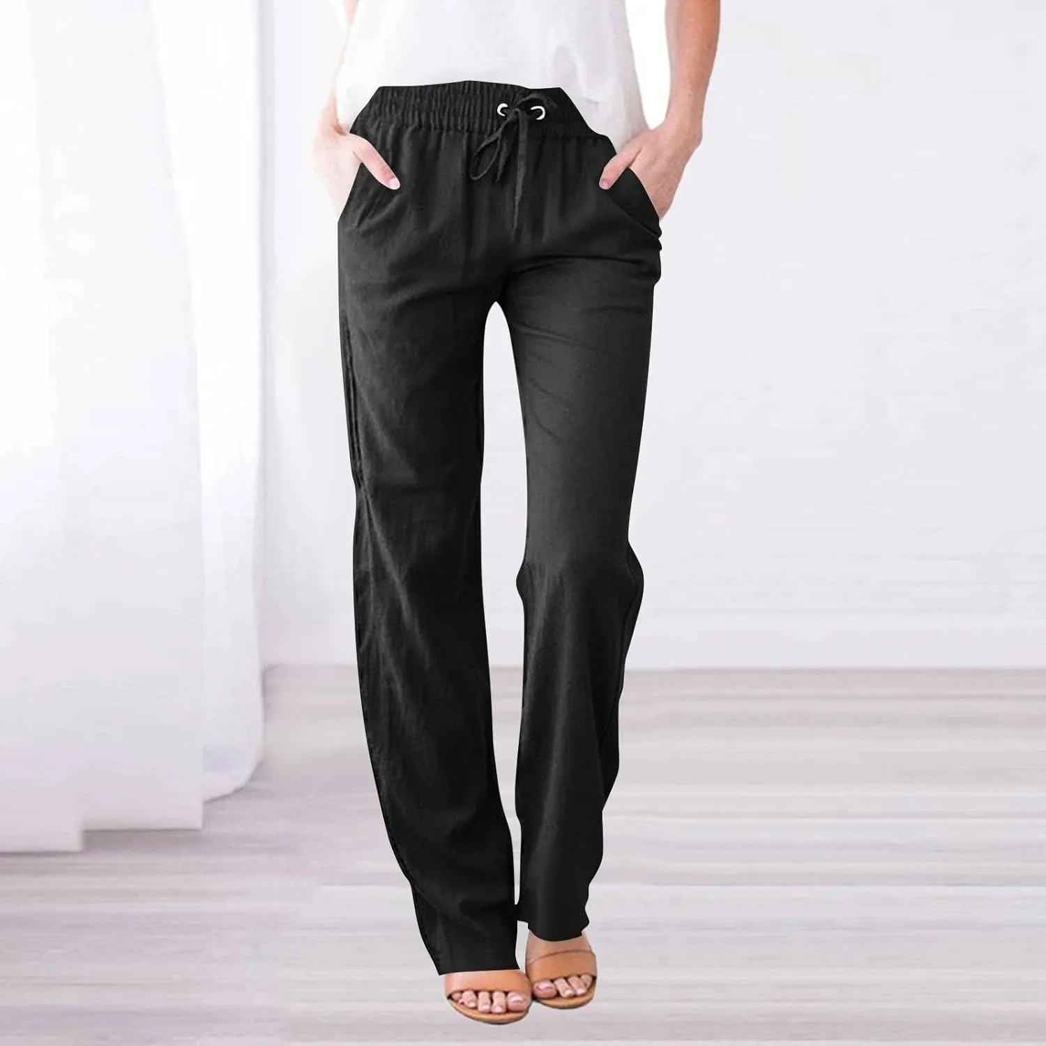 Womens Cotton Linen Straight Leg Pants Elastic High Waist Drawstring Loose Fit Lounge Trousers with Side Pockets