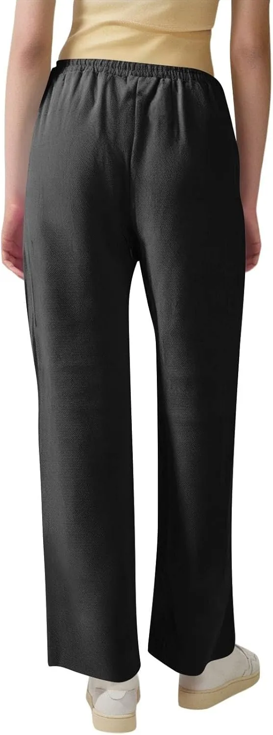 Womens Cotton Linen Straight Leg Pants Elastic High Waist Drawstring Loose Fit Lounge Trousers with Side Pockets