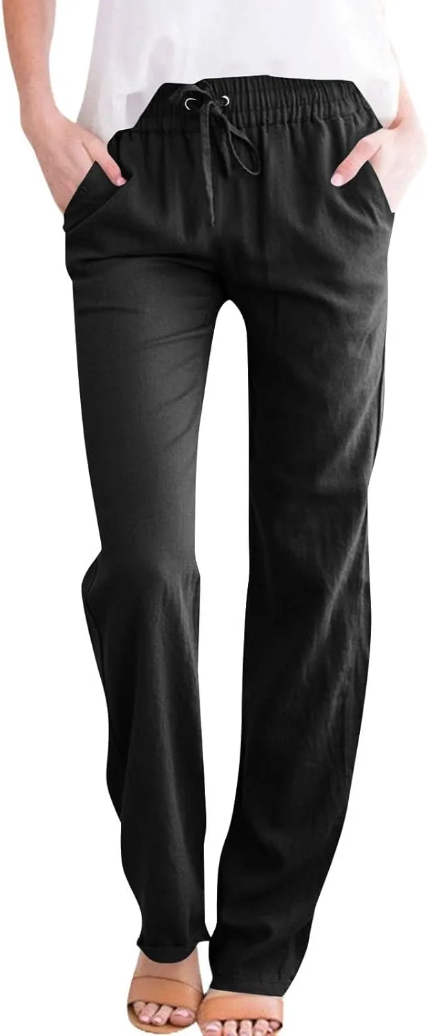 Womens Cotton Linen Straight Leg Pants Elastic High Waist Drawstring Loose Fit Lounge Trousers with Side Pockets