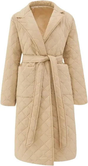 Women's Cotton-Padded Coat Lapel Loose Quilting Sashes Long Sleeve Pockets Parka Jackets yellow L