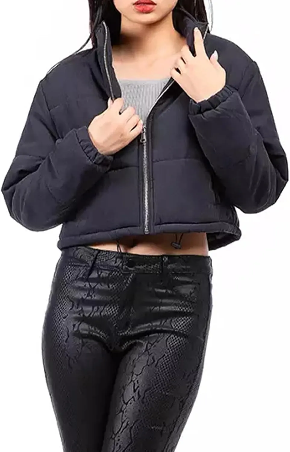Women's Crop Puffer Jacket Long Sleeve Puffy Coat Stand Collar Zip UP Quilted Padded Drawstring Outwear with Pockets