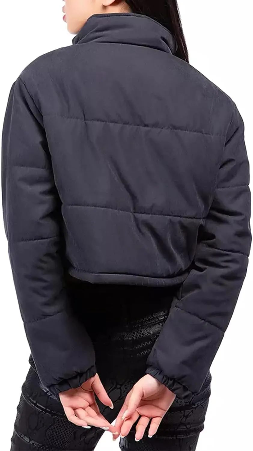Women's Crop Puffer Jacket Long Sleeve Puffy Coat Stand Collar Zip UP Quilted Padded Drawstring Outwear with Pockets