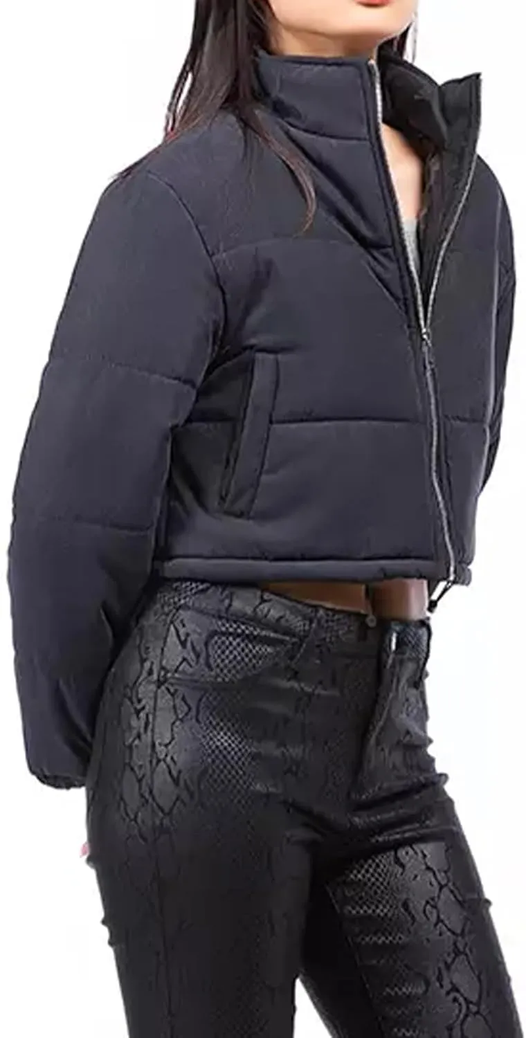Women's Crop Puffer Jacket Long Sleeve Puffy Coat Stand Collar Zip UP Quilted Padded Drawstring Outwear with Pockets
