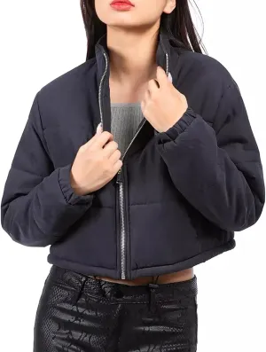 Women's Crop Puffer Jacket Long Sleeve Puffy Coat Stand Collar Zip UP Quilted Padded Drawstring Outwear with Pockets