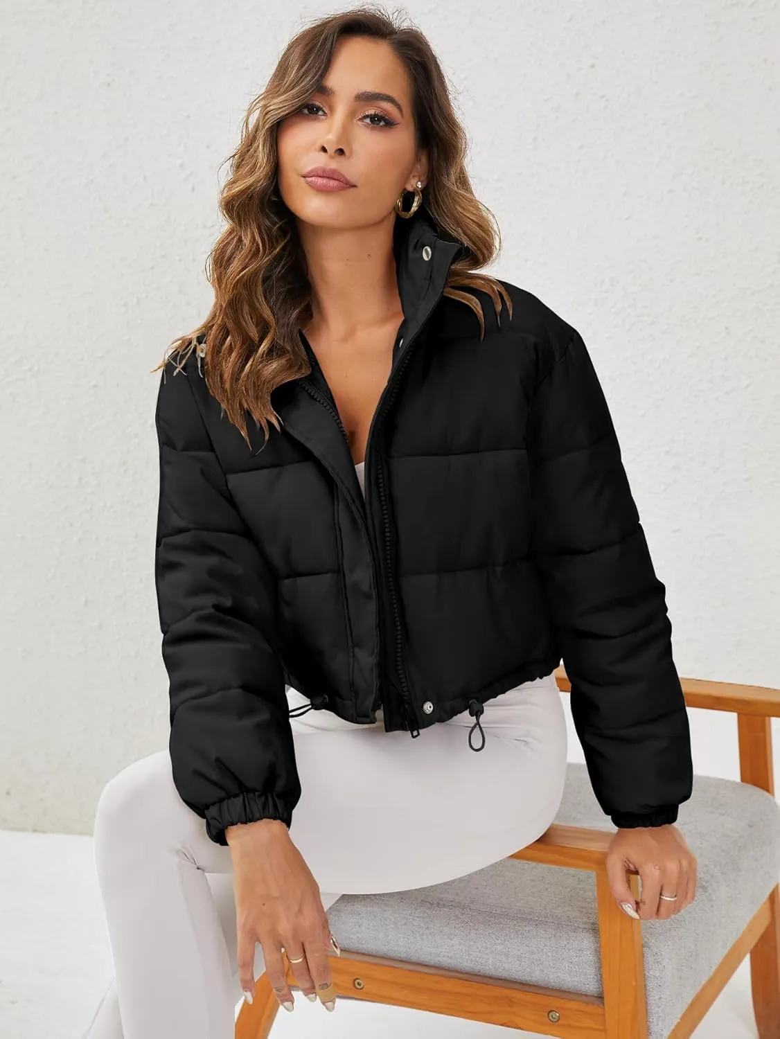 Women's Cropped Puffer Jacket Long Sleeve Puffy Coat Stand Collar Zip UP Quilted Padded Drawstring Outwear with Pockets