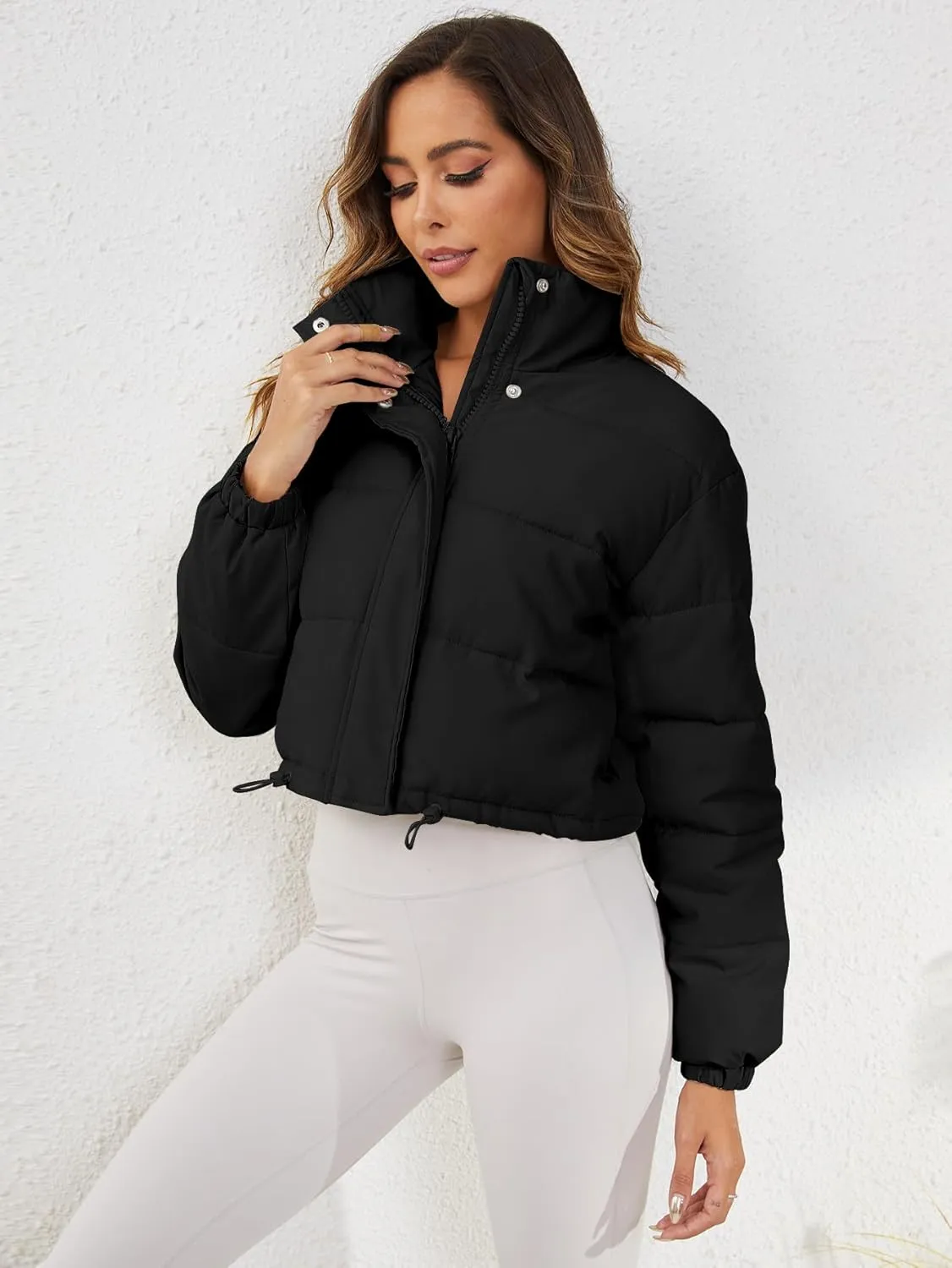 Women's Cropped Puffer Jacket Long Sleeve Puffy Coat Stand Collar Zip UP Quilted Padded Drawstring Outwear with Pockets