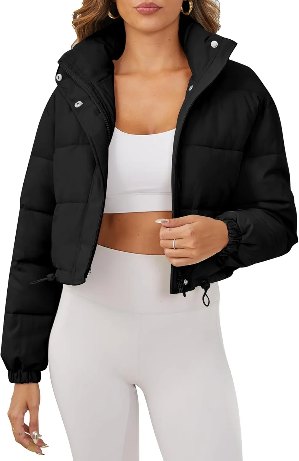 Women's Cropped Puffer Jacket Long Sleeve Puffy Coat Stand Collar Zip UP Quilted Padded Drawstring Outwear with Pockets