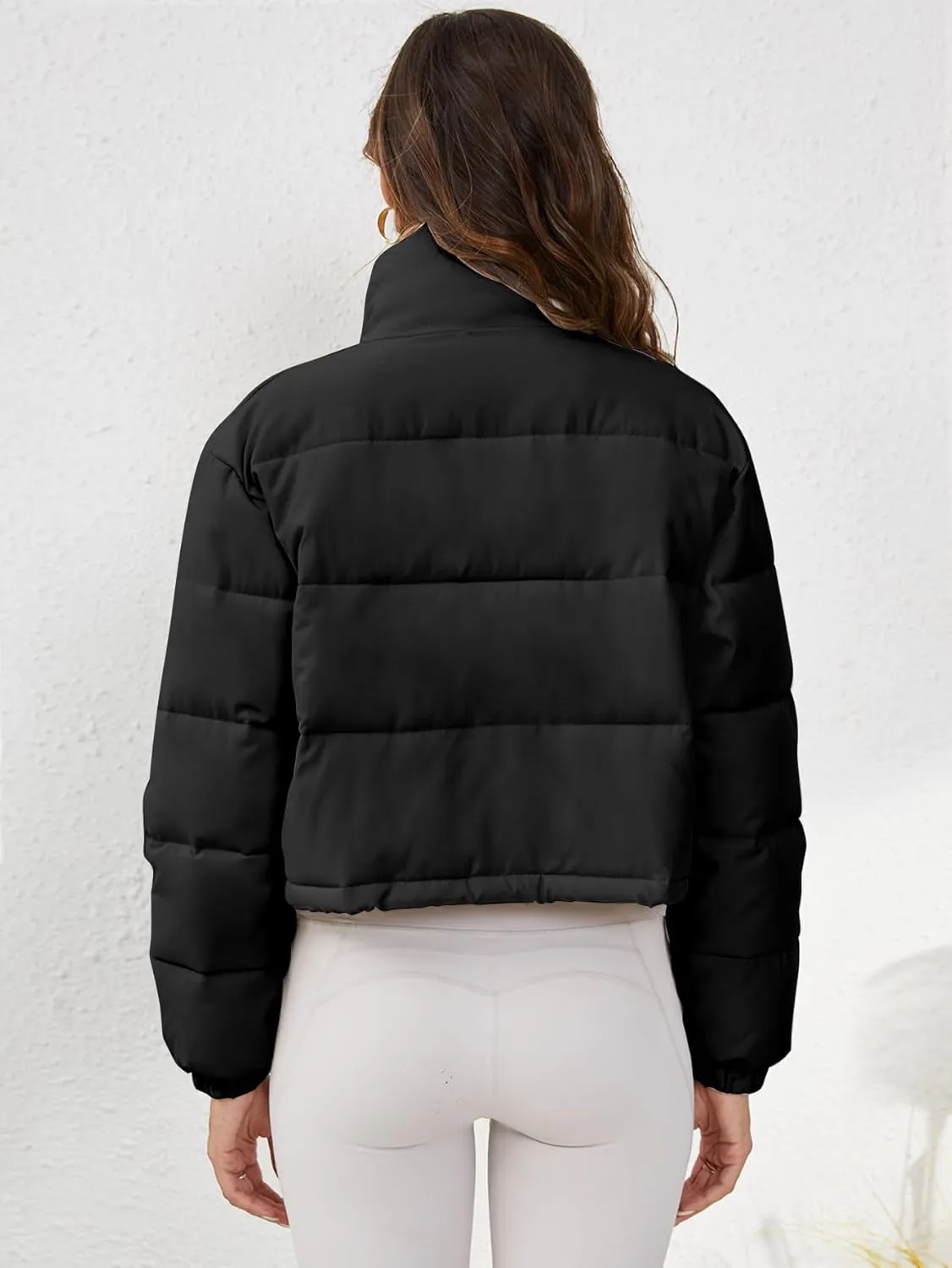 Women's Cropped Puffer Jacket Long Sleeve Puffy Coat Stand Collar Zip UP Quilted Padded Drawstring Outwear with Pockets