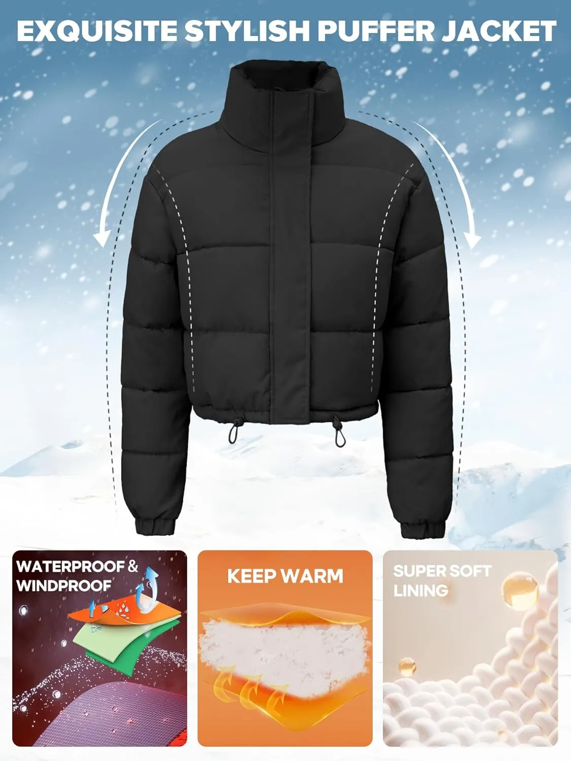 Women's Cropped Puffer Jacket Long Sleeve Puffy Coat Stand Collar Zip UP Quilted Padded Drawstring Outwear with Pockets