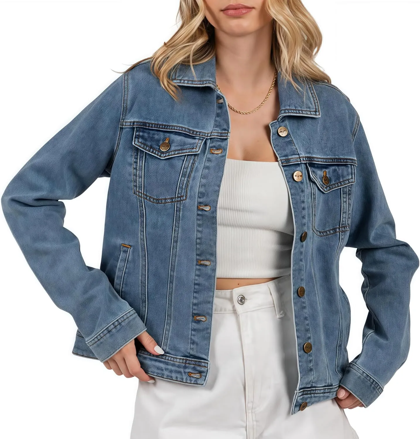 Women's Denim Jacket Classic Button Long Sleeve Denim Jacket with Pockets