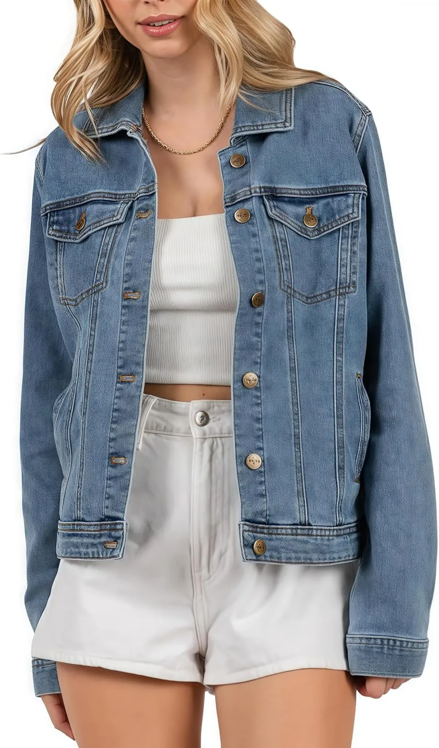 Women's Denim Jacket Classic Button Long Sleeve Denim Jacket with Pockets