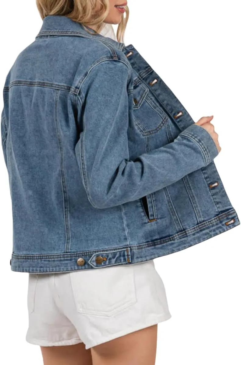 Women's Denim Jacket Classic Button Long Sleeve Denim Jacket with Pockets