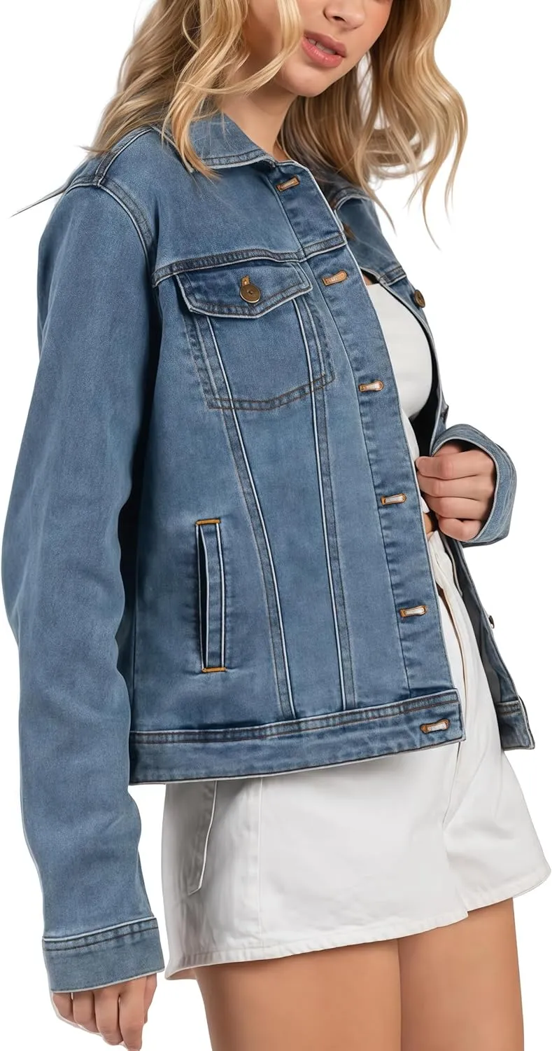 Women's Denim Jacket Classic Button Long Sleeve Denim Jacket with Pockets