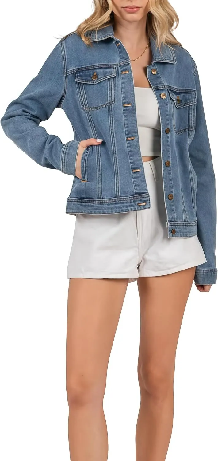 Women's Denim Jacket Classic Button Long Sleeve Denim Jacket with Pockets