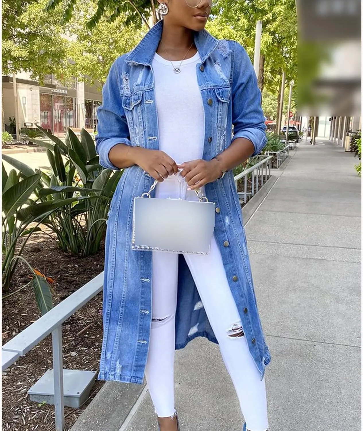 Women's Distressed Denim Jacket Trench Hole Over Knee Midi Long Denim Jacket Lapel Slim Fit Button Down Jean Coat