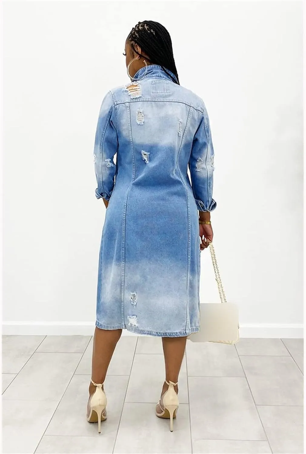 Women's Distressed Denim Jacket Trench Hole Over Knee Midi Long Denim Jacket Lapel Slim Fit Button Down Jean Coat