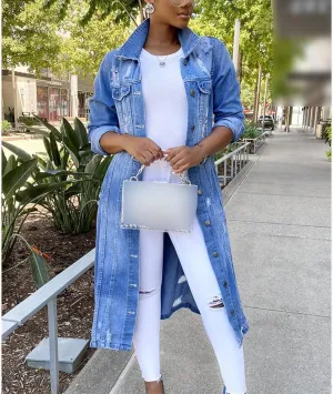 Women's Distressed Denim Jacket Trench Hole Over Knee Midi Long Denim Jacket Lapel Slim Fit Button Down Jean Coat