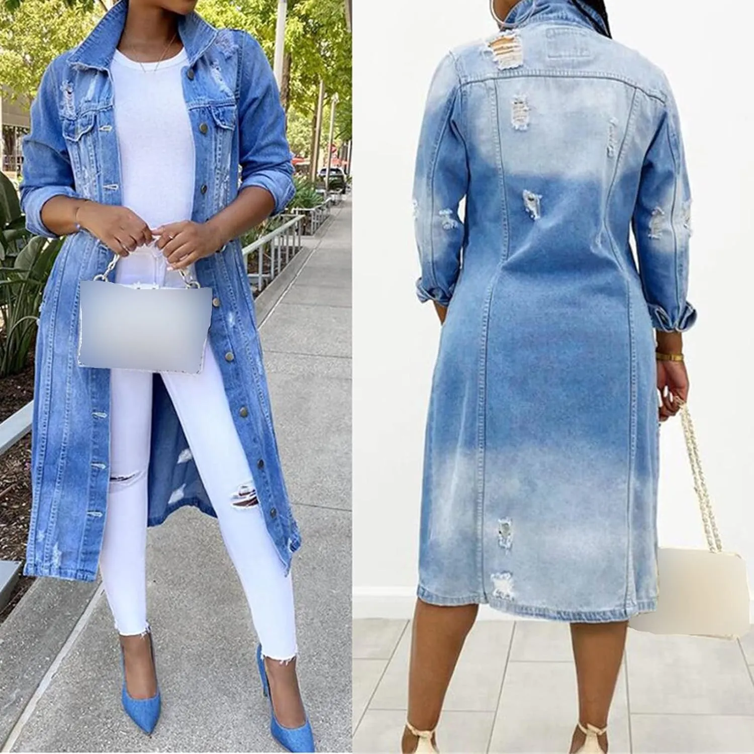 Women's Distressed Denim Jacket Trench Hole Over Knee Midi Long Denim Jacket Lapel Slim Fit Button Down Jean Coat