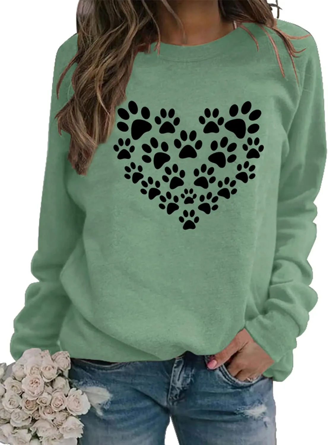 Womens Dog Mom Sweatshirts Cute Dog Paw Print Heart Graphic Long Sleeve Crewneck Casual Tee Tops
