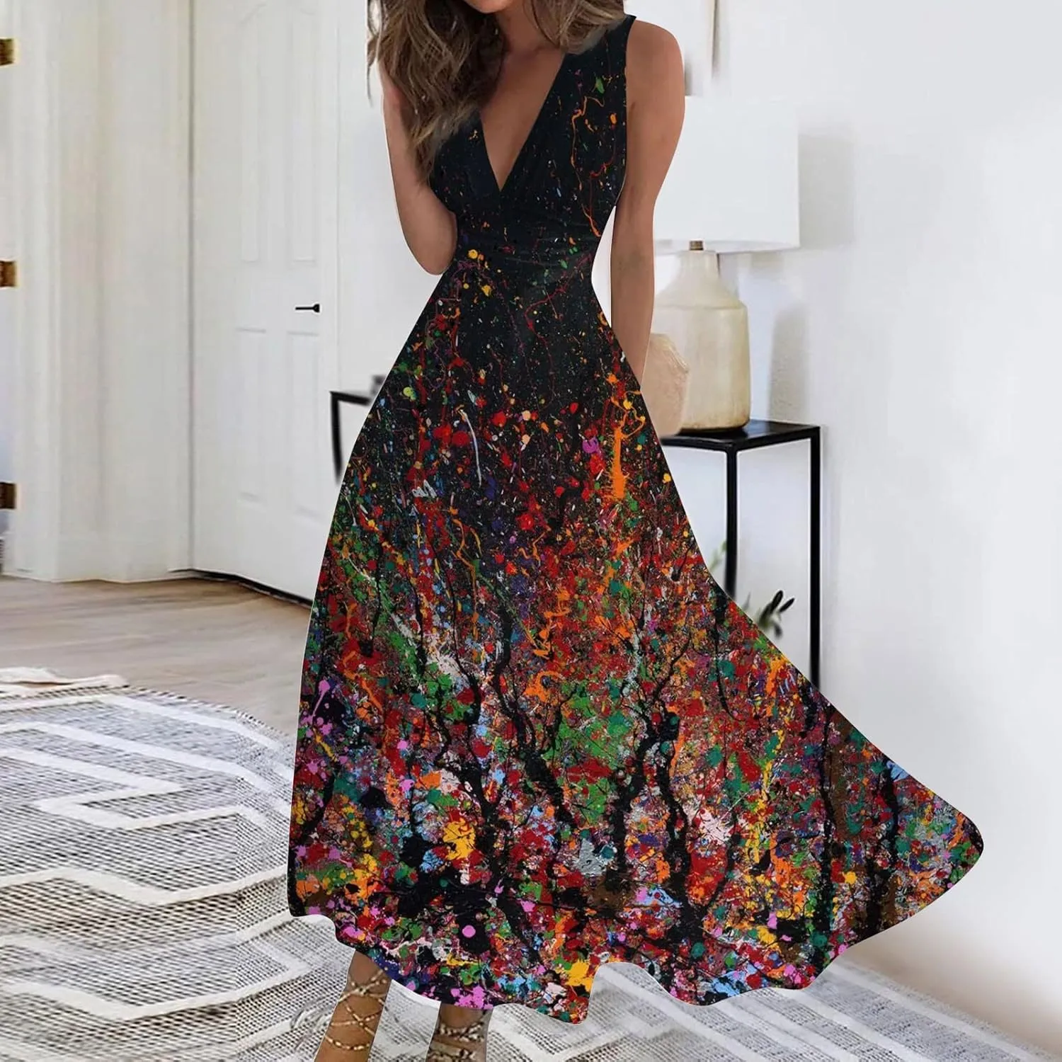 Womens Dresses Wrap V Neck Floral Print Beach Dresses Sleeveless Flowy Ruched Maxi Dress Elegant Sundress