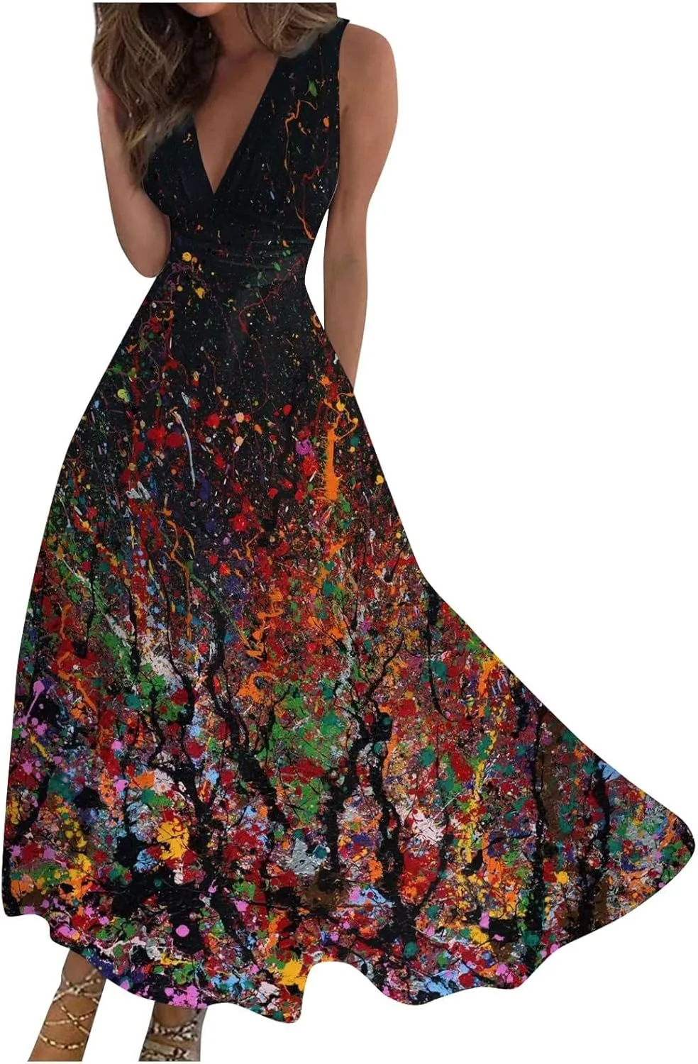Womens Dresses Wrap V Neck Floral Print Beach Dresses Sleeveless Flowy Ruched Maxi Dress Elegant Sundress
