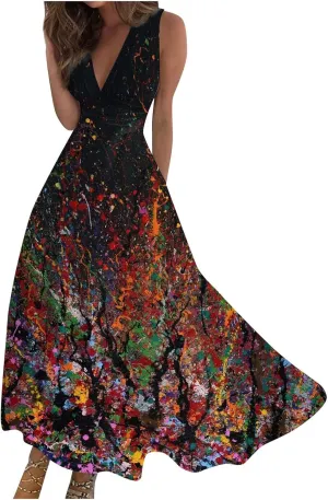 Womens Dresses Wrap V Neck Floral Print Beach Dresses Sleeveless Flowy Ruched Maxi Dress Elegant Sundress