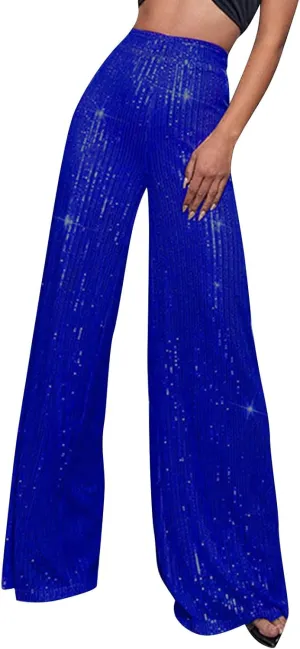 Women's Dressy Fashion Casual Solid Color High Waist Sequin Side Zipper Draped Wide Leg Loose Fit Pants