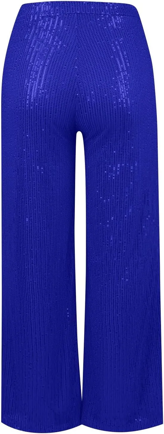 Women's Dressy Fashion Casual Solid Color High Waist Sequin Side Zipper Draped Wide Leg Loose Fit Pants