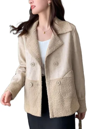 Women's Faux Shearing Moto Jackets Winter Sherpa Fleece Patchwork Leather Jackets