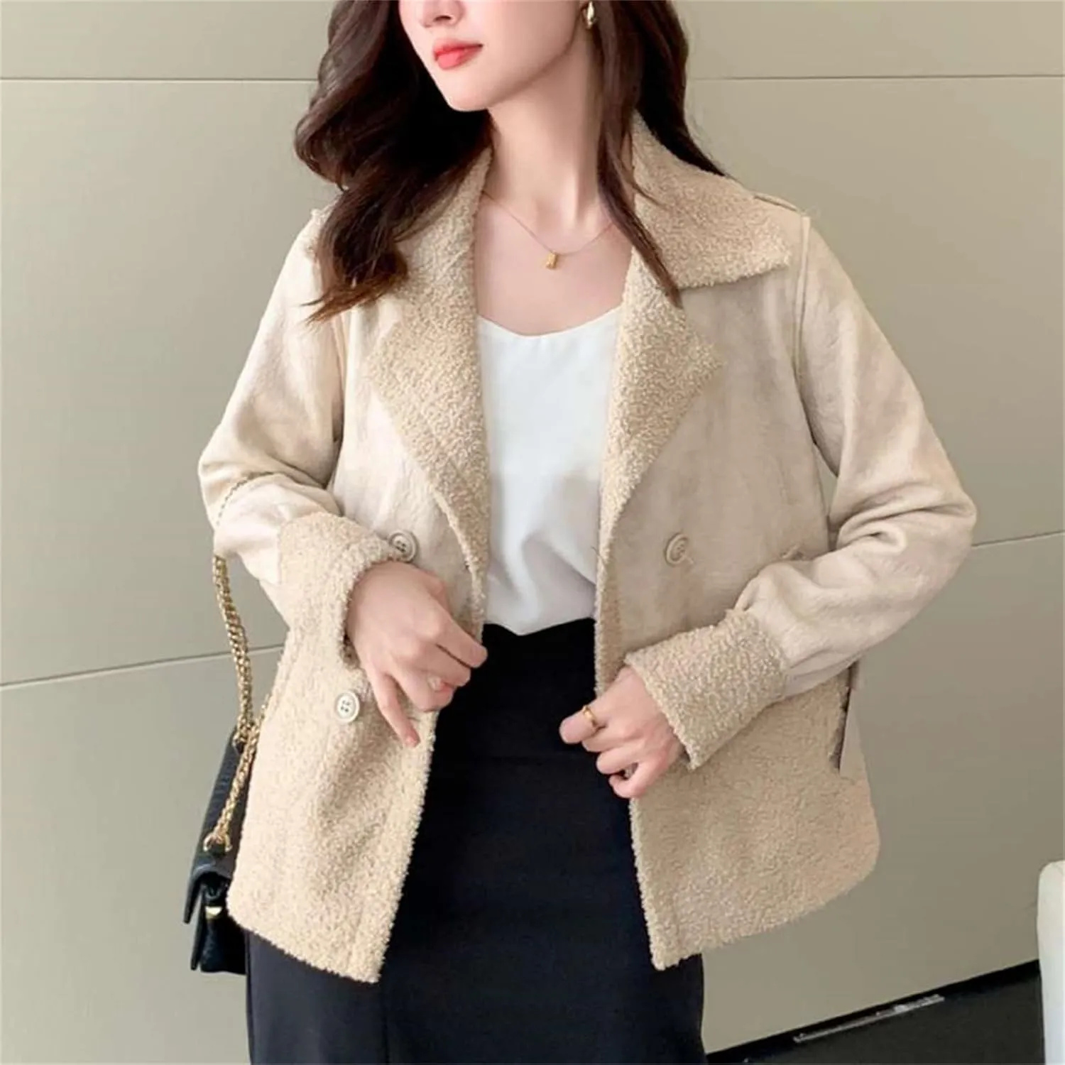 Women's Faux Shearing Moto Jackets Winter Sherpa Fleece Patchwork Leather Jackets