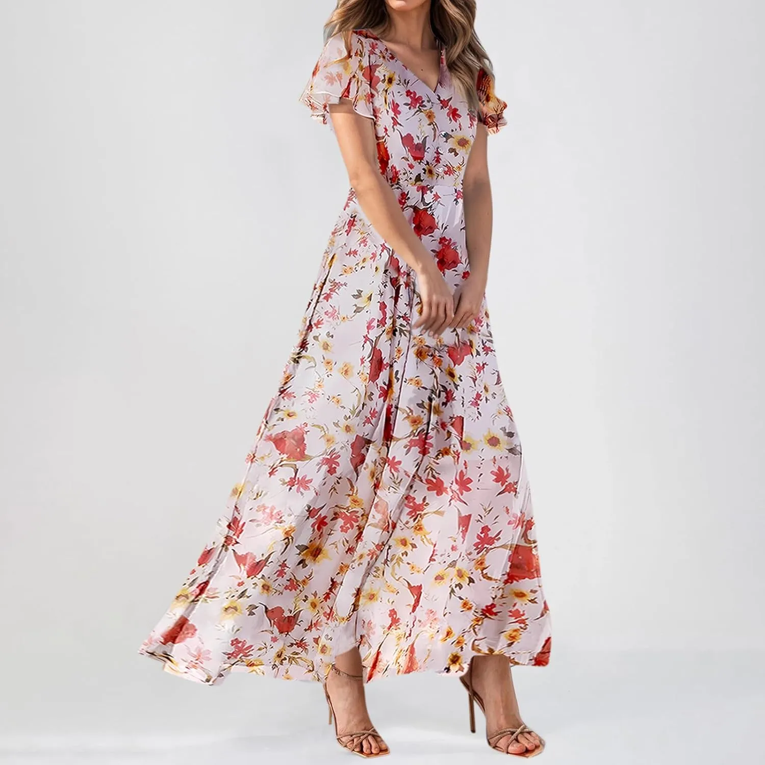 Women's Floral Print V Neck Ruffle Cap Sleeve Ruffle Hem Flowy Dress Boho High Waist Dresses for Women 2025