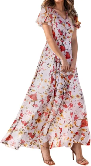 Women's Floral Print V Neck Ruffle Cap Sleeve Ruffle Hem Flowy Dress Boho High Waist Dresses for Women 2025