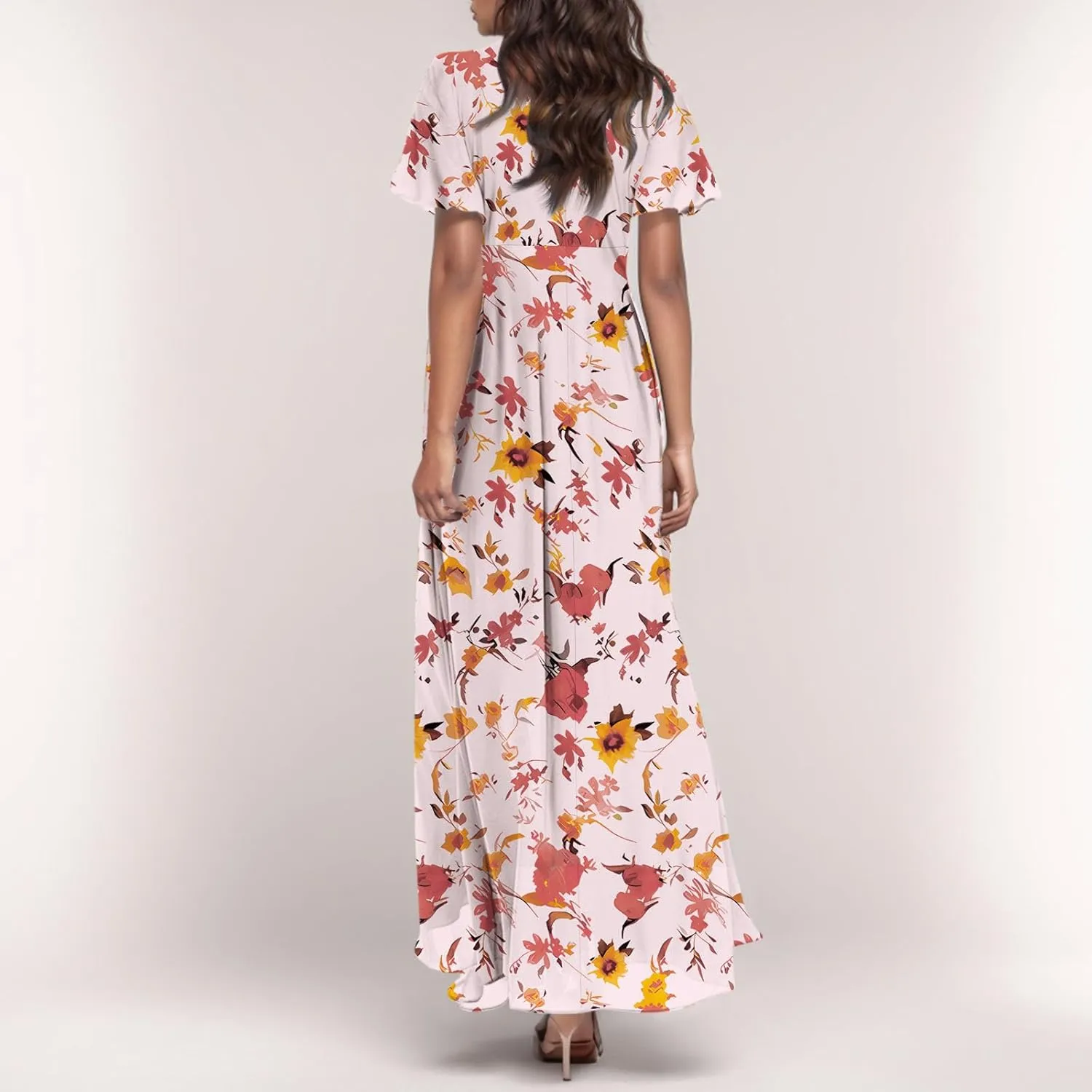 Women's Floral Print V Neck Ruffle Cap Sleeve Ruffle Hem Flowy Dress Boho High Waist Dresses for Women 2025