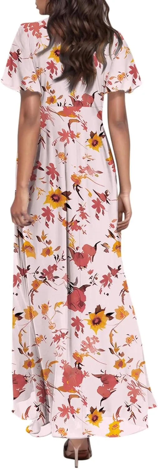 Women's Floral Print V Neck Ruffle Cap Sleeve Ruffle Hem Flowy Dress Boho High Waist Dresses for Women 2025