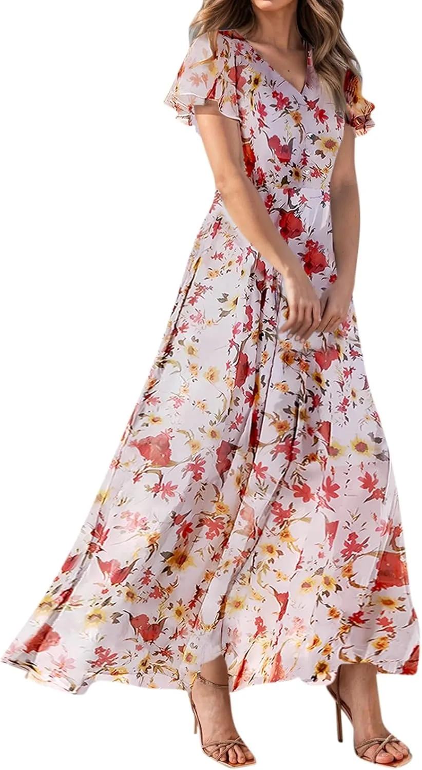 Women's Floral Print V Neck Ruffle Cap Sleeve Ruffle Hem Flowy Dress Boho High Waist Dresses for Women 2025