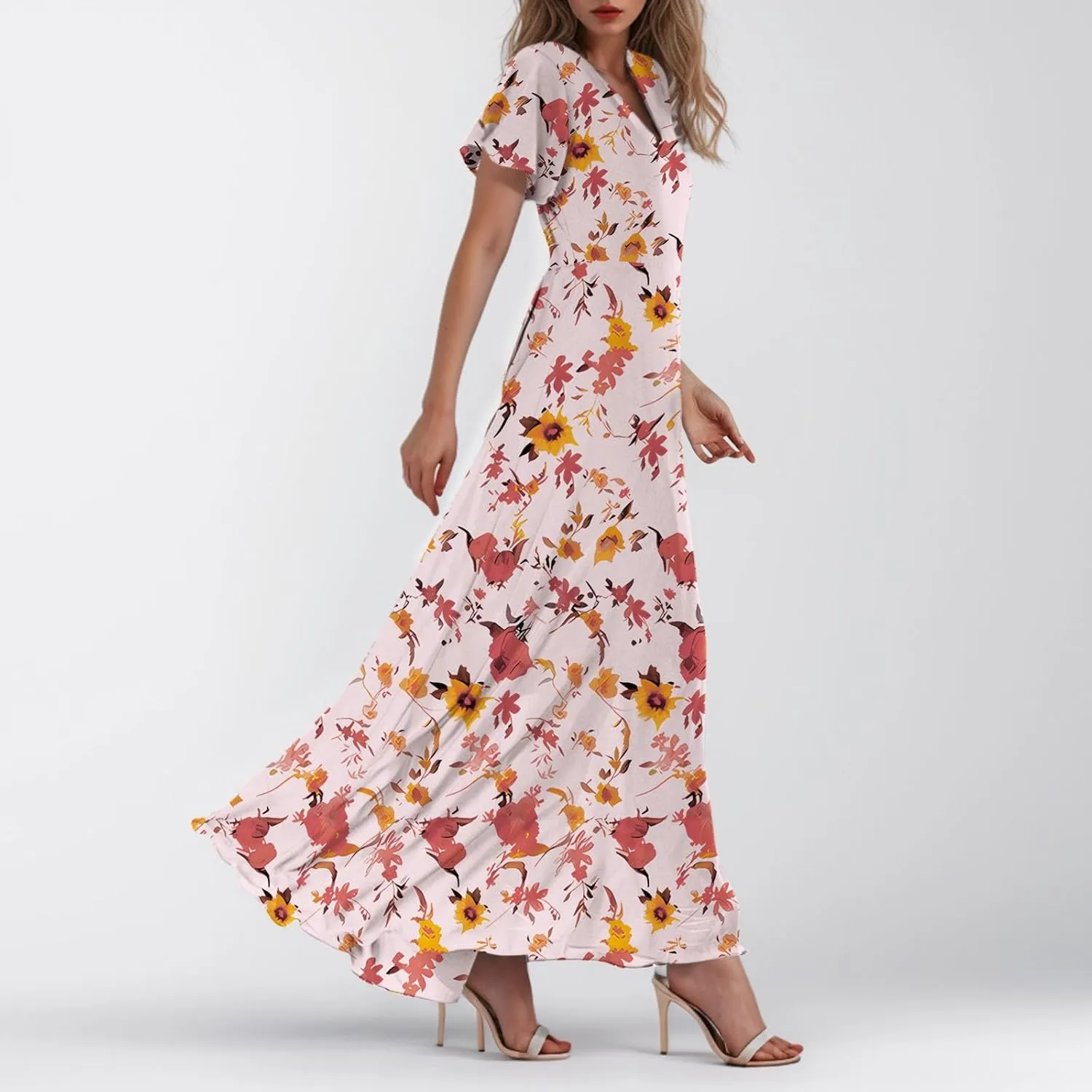 Women's Floral Print V Neck Ruffle Cap Sleeve Ruffle Hem Flowy Dress Boho High Waist Dresses for Women 2025